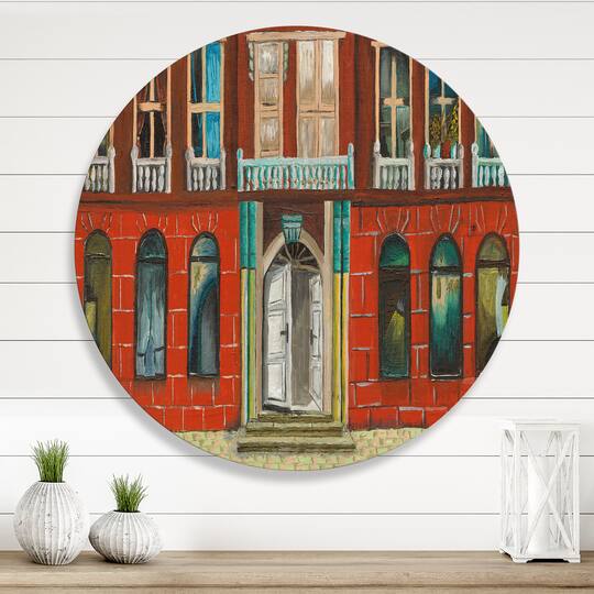 Designart - Red Facade of Shop In Paris II - French Country Metal Circle Wall Art